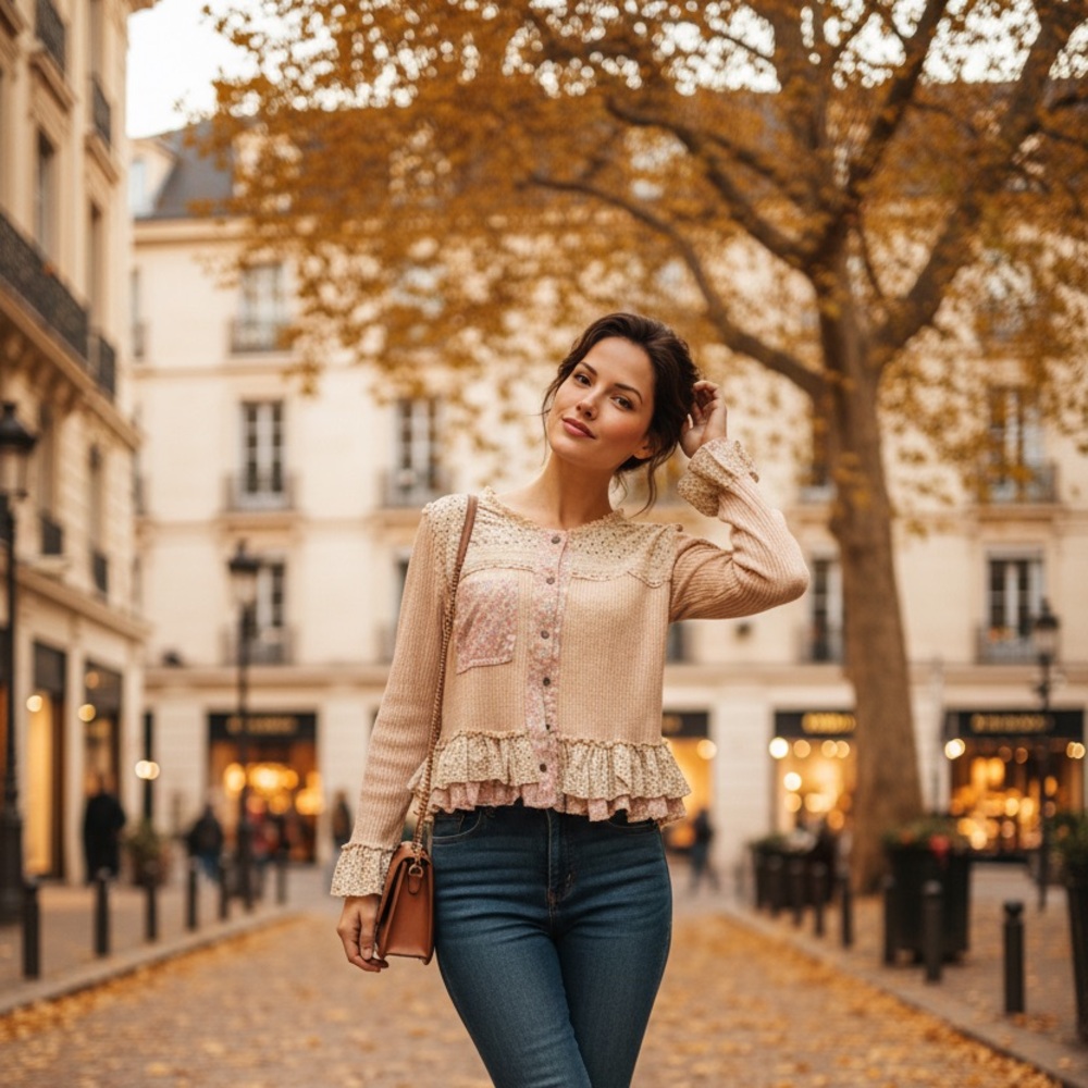 POL Button Floral Ruffle Blouse